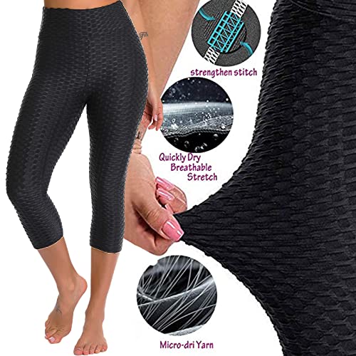 FITTOO Women's Textured Booty Scrunch Capri Leggings Ruched Yoga Pants Butt Lifting Workout Tights Black L - Image 2
