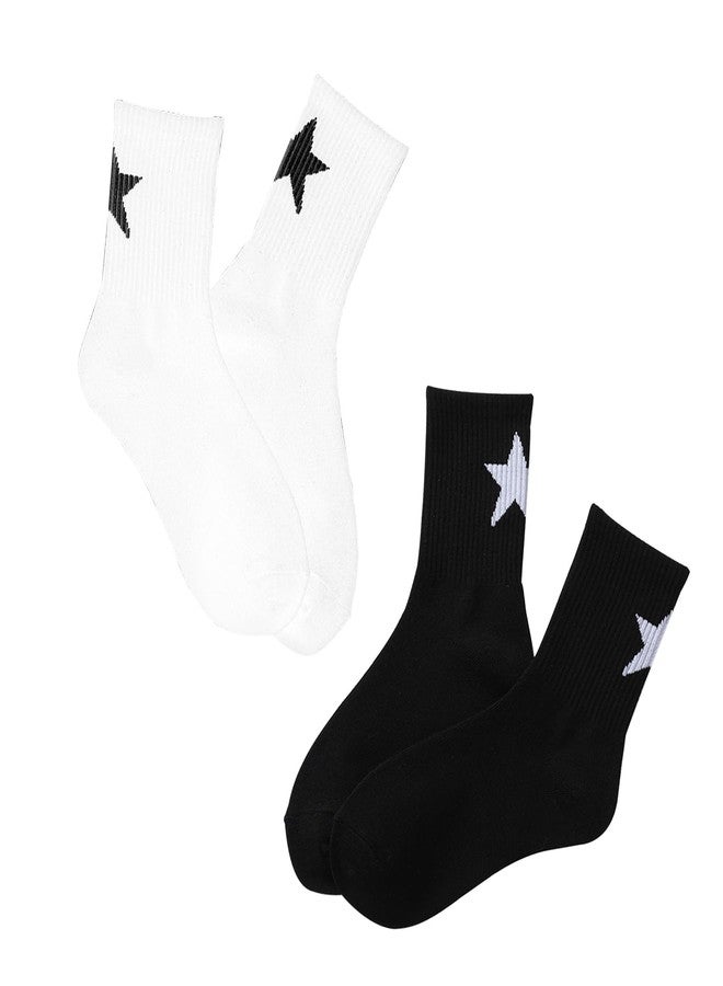 QFSH 2Packs Black White Men Funny Cotton Ankle Socks Novelty Cotton Socks Cool Spider Web/Star/Bone Printed (US, Alpha, One Size, Regular, Regular, Star White+Black) - Image 1