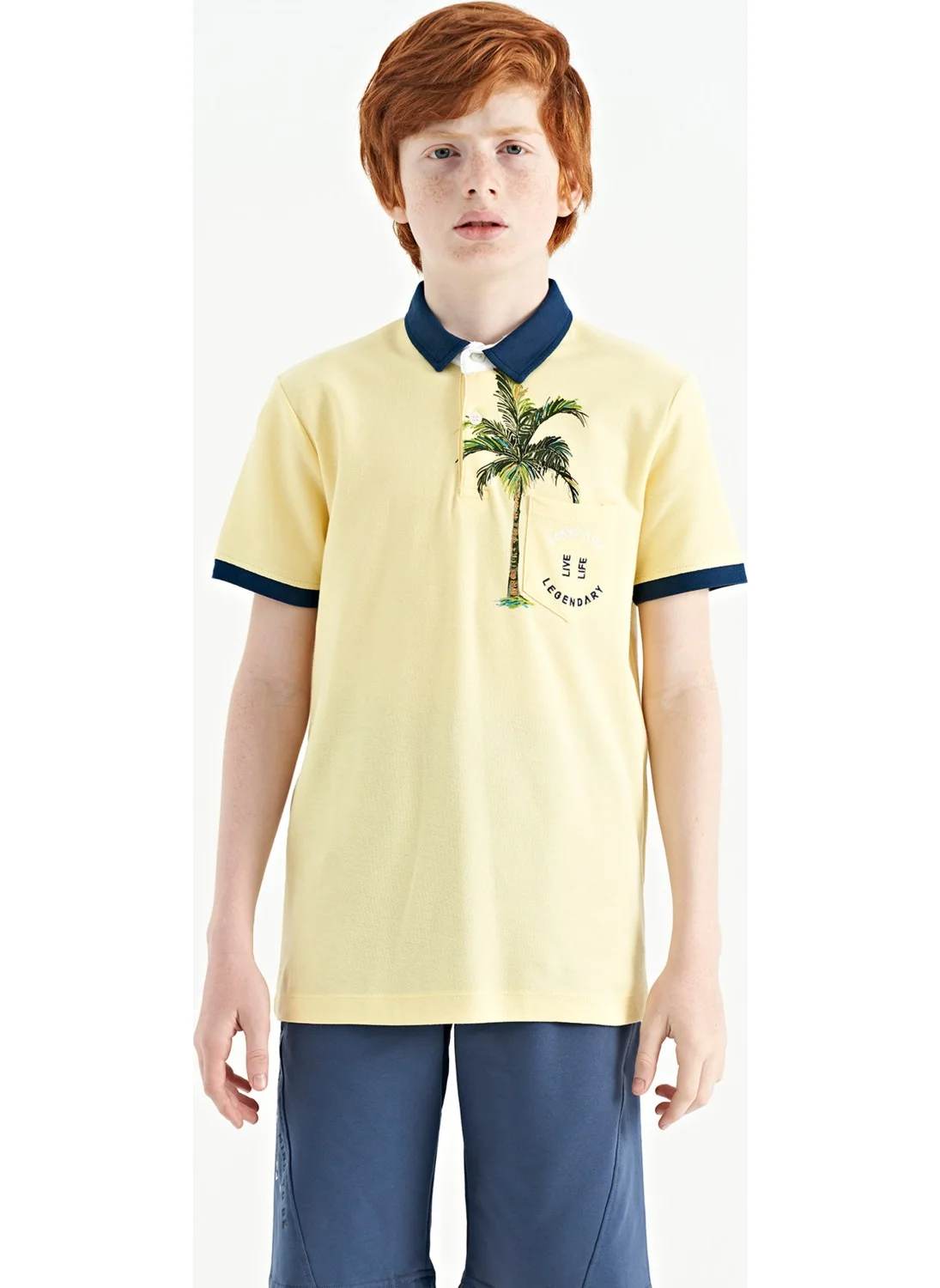 تومي لايف Yellow Printed Pocket Detailed Standard Size Polo Collar Boy T-Shirt - 11144