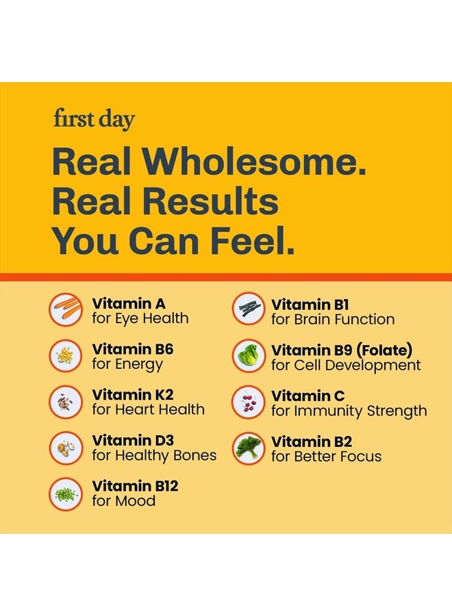 FIRST DAY Kids Daily Multivitamin Gummies – Vitamin A, D3, B6, B12, C, K2 & More to Support Growth, Brain Function, Immunity – Made w/Organic Fruits & Veggies, Only 2g Sugar – 2-Pk, 60 Day Supply - Image 2