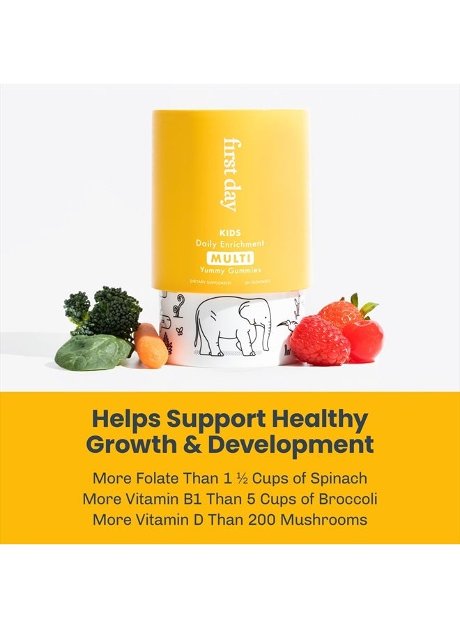 FIRST DAY Kids Daily Multivitamin Gummies – Vitamin A, D3, B6, B12, C, K2 & More to Support Growth, Brain Function, Immunity – Made w/Organic Fruits & Veggies, Only 2g Sugar – 2-Pk, 60 Day Supply - Image 4