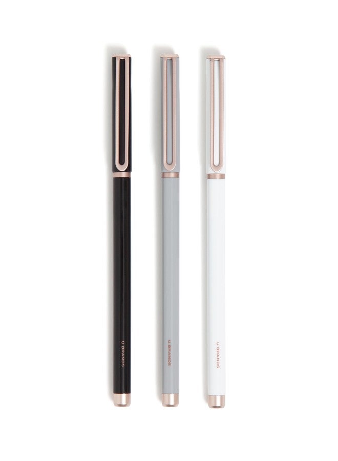 يو براندز أقلام كاتالينا ذات رأس لباد من يو براندز، مجموعة من 3 أقلام، تصميمات كلاسيكية مع أجزاء معدنية ذهبية وردية، سن متوسط (0.7 مم)، حبر أسود - Image 1