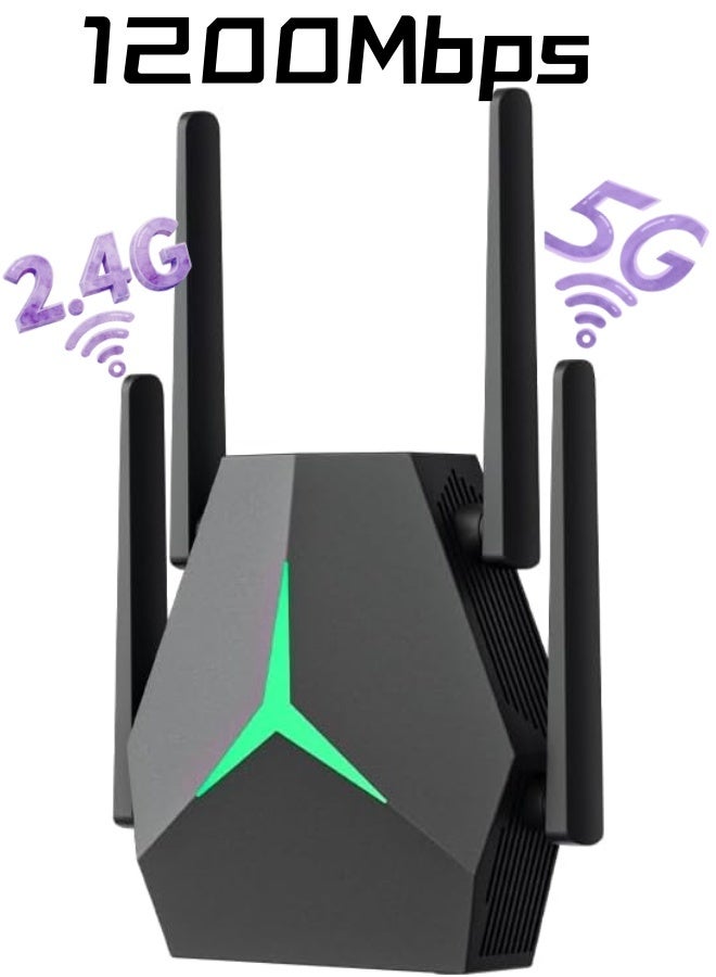 1200Mbps Dual Band WiFi Extender with USB-C, Gigabit Ethernet Ports, Wall-Mountable Repeater, 2.4GHz 5GHz Bands, Black - Image 1