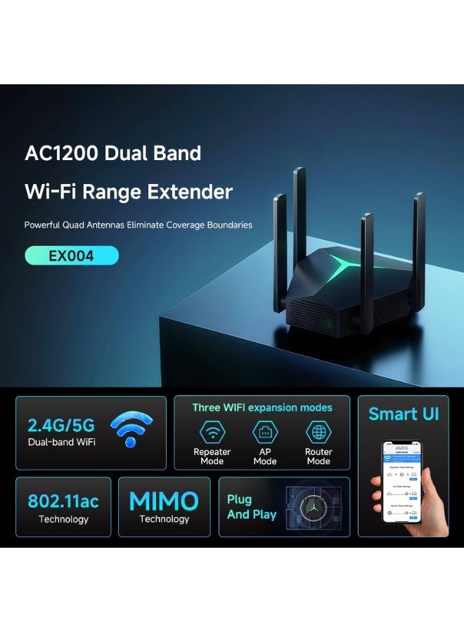 1200Mbps Dual Band WiFi Extender with USB-C, Gigabit Ethernet Ports, Wall-Mountable Repeater, 2.4GHz 5GHz Bands, Black - Image 2