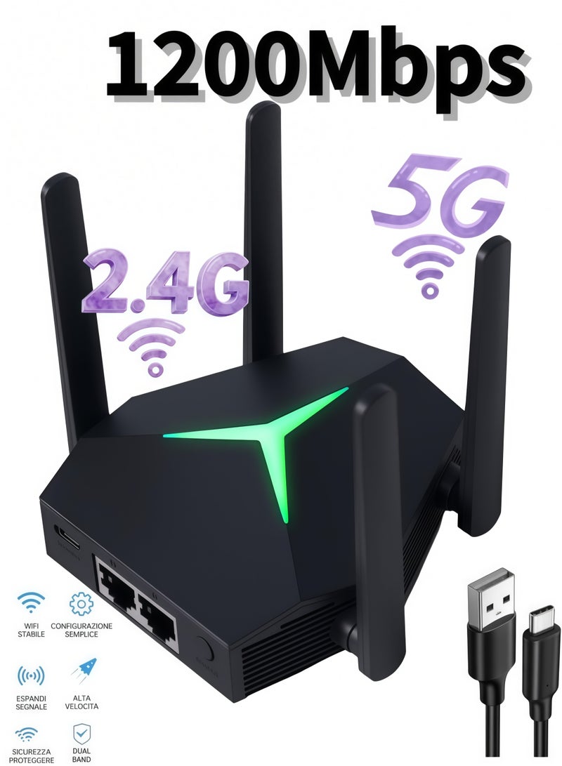 موسع نطاق شبكة واي فاي لاسلكي ثنائي النطاق بسرعة 1200 ميجابت في الثانية بتردد 2.4 جيجاهرتز/5 جيجاهرتز، مع 4 هوائيات لتقوية إشارة الواي فاي، ومنفذ USB-C، ومنافذ جيجابت إيثرنت، وقابل للتركيب على الحائط، لون أسود. - Image 1