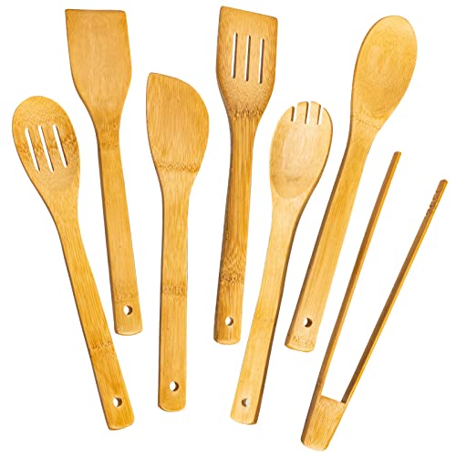 Eisinly Wooden Spoons for Cooking 7-Piece, Kitchen Nonstick Bamboo Cooking Utensils Set, Healthy Bamboo Wooden Spatula Spoon for Cooking - Image 1