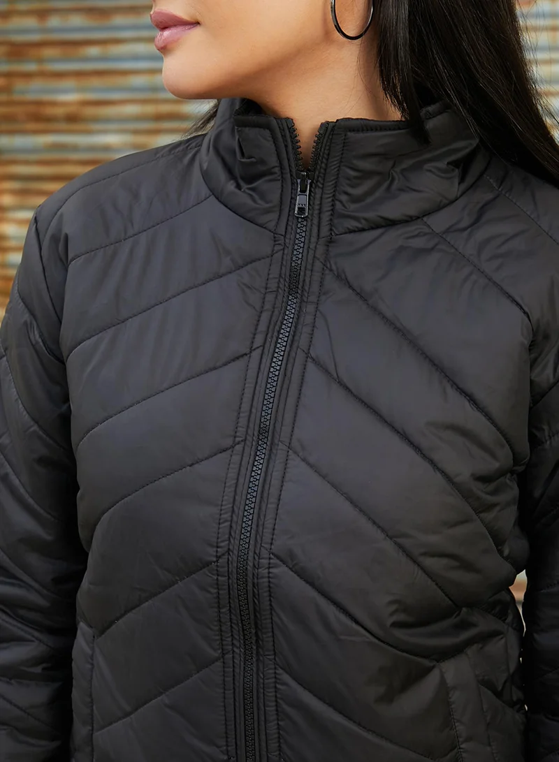 Campus Sutra Women's Onyx Black Chevron Quilted Jacket