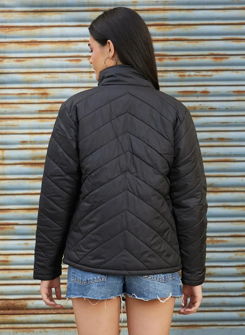 Campus Sutra Women's Onyx Black Chevron Quilted Jacket