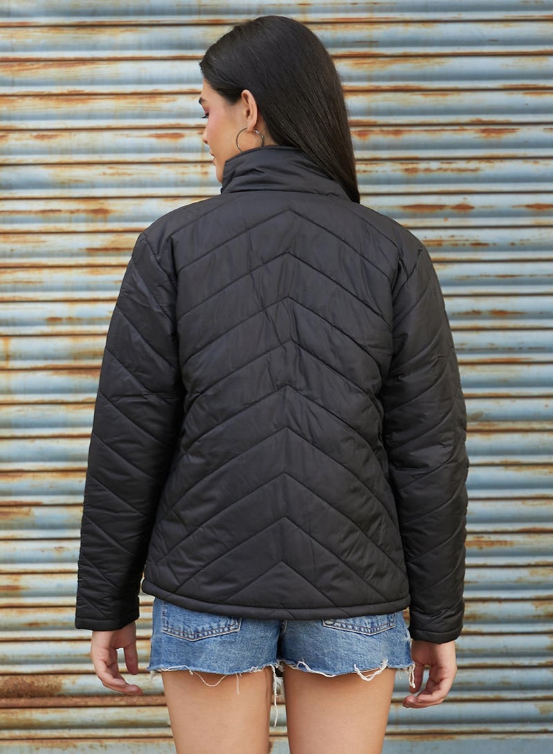 Campus Sutra Women's Onyx Black Chevron Quilted Jacket  - Image 5