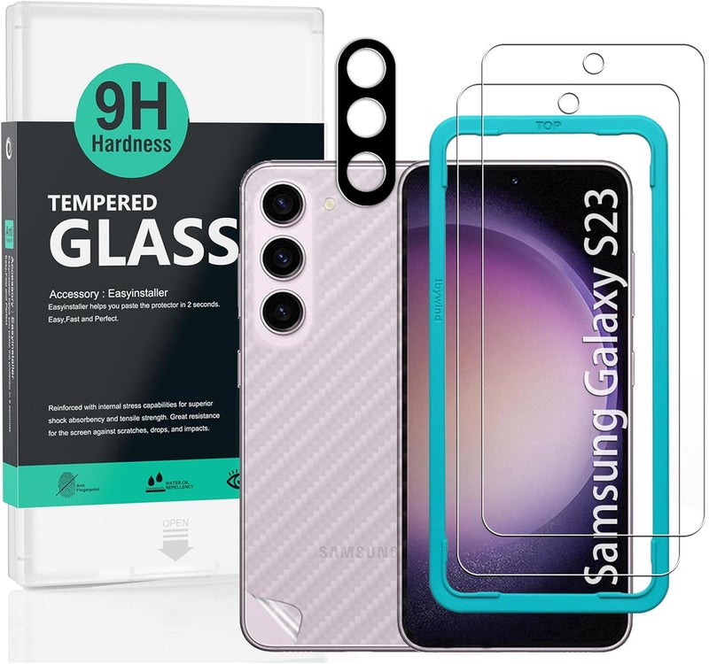 Ibywind Screen Protector For Samsung Galaxy S23 5G(6.1 Inches),with 2Pcs Tempered Glass,1Pc Camera Lens Protector,1Pc Backing Carbon Fiber Film[Fingerprint Reader,Easy to install] - Image 1