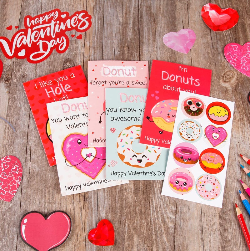 Quera 24 Pcs Valentine'S Day Cards With Envelopes And Stickers  Hearts And Donuts Themed Greeting Cards  Kids Classroom Exchange  Wedding Cards  Valentines Party Favorites  8 Designs - Image 3