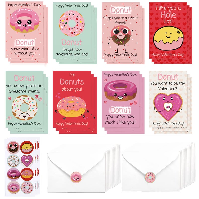 Quera 24 Pcs Valentine'S Day Cards With Envelopes And Stickers  Hearts And Donuts Themed Greeting Cards  Kids Classroom Exchange  Wedding Cards  Valentines Party Favorites  8 Designs - Image 1
