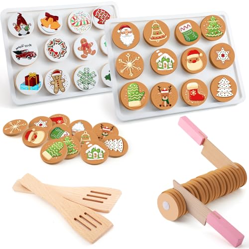 Soaoo 2 Sets Christmas Slice and Bake Wooden Cookie Play Food Set Gift for Kids Pretend Cookies and Baking Sheet Wooden Play Food Set Baking for Kids - Image 1