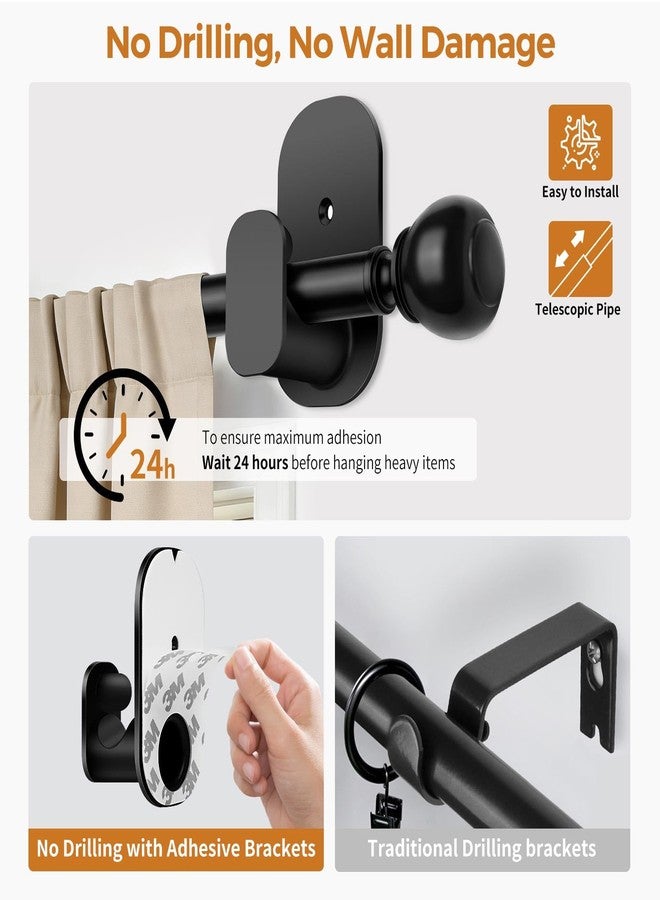 USFOOK Curtain Rods No Drilling 32 to 58 in, USFOOK 5/8 Inch No Drill Curtain Rods for Windows with 3M Adhesive Brackets, Renter Friendly Curtains Pole with Black Round Finials - Image 4