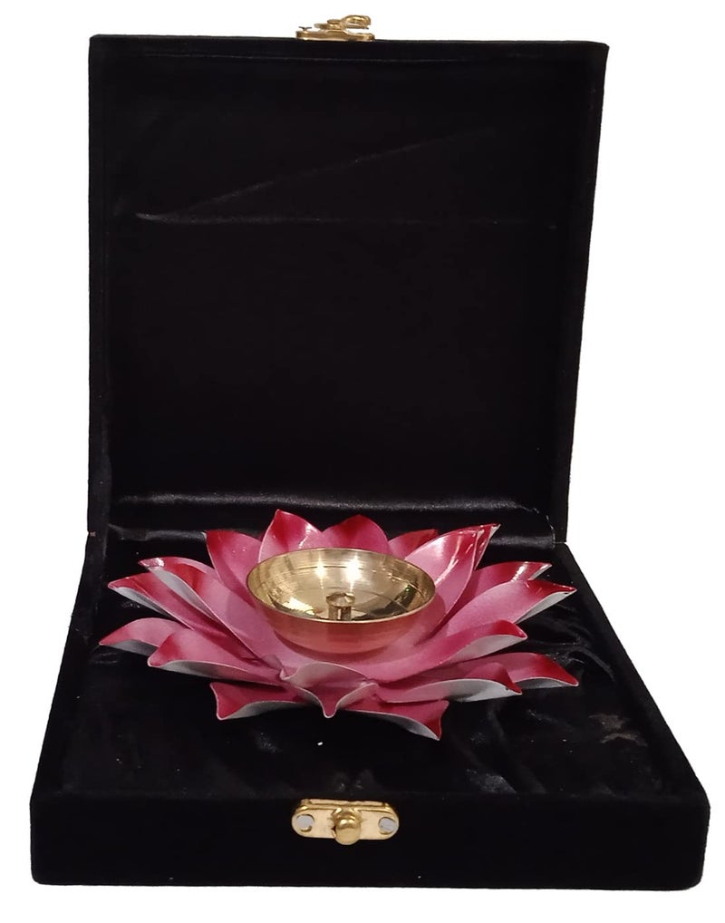 Purpledip Metal Diya Deepak Rose Festival Oil Lamp Deepam Decor in Classy Velvet Chenille Gift Box 12596 - Image 1