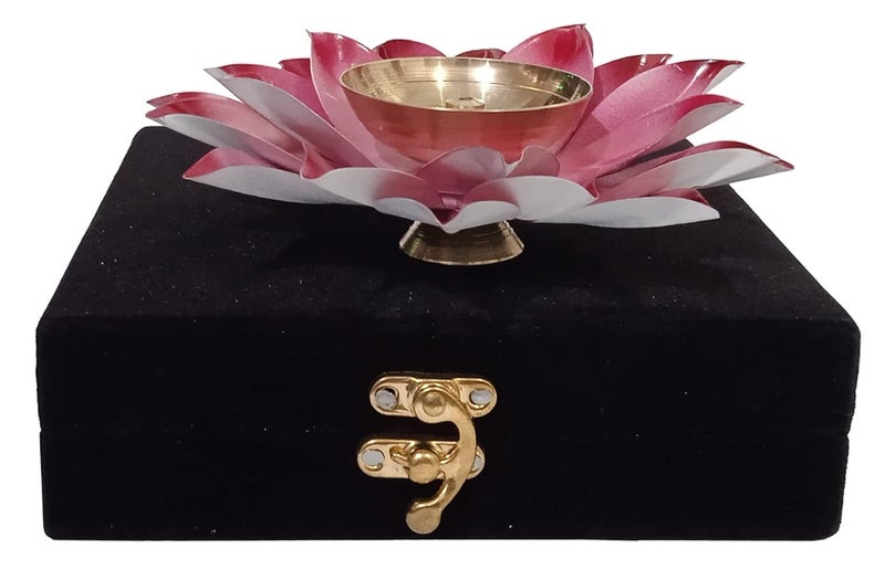 Purpledip Metal Diya Deepak Rose Festival Oil Lamp Deepam Decor in Classy Velvet Chenille Gift Box 12596 - Image 2