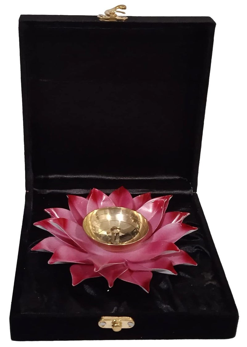 Purpledip Metal Diya Deepak Rose Festival Oil Lamp Deepam Decor in Classy Velvet Chenille Gift Box 12596 - Image 3