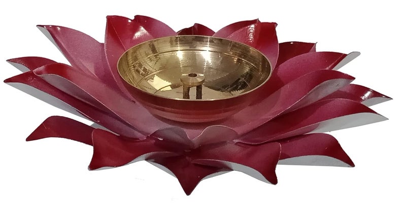 Purpledip Metal Diya Deepak Rose Festival Oil Lamp Deepam Decor in Classy Velvet Chenille Gift Box 12596 - Image 4