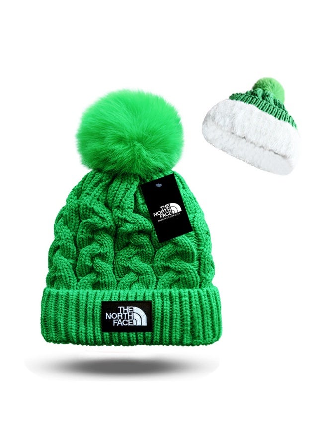 The North Face Green Knitted Beanie with Plush Pom, Fleece-Lined for Warmth