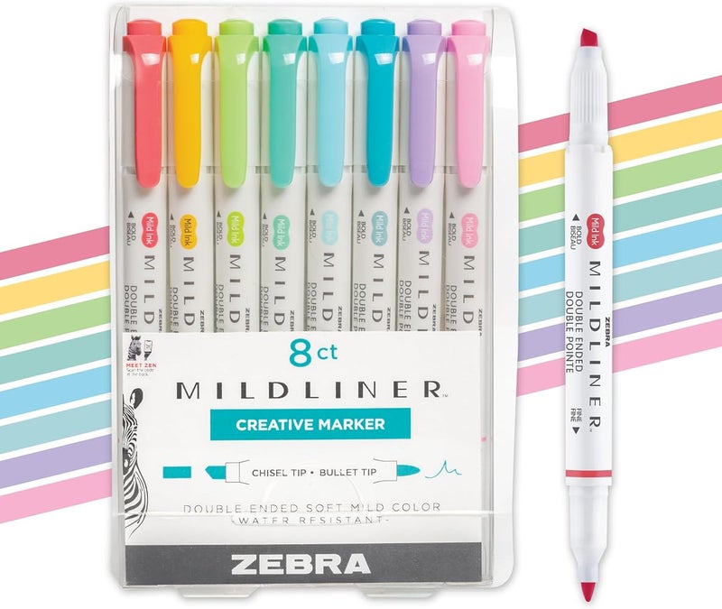 Zebra Pen Mildliner, Double Ended Highlighter, Broad and Fine Tips, Assorted Colors, 8 Pack, 78108 - Image 1
