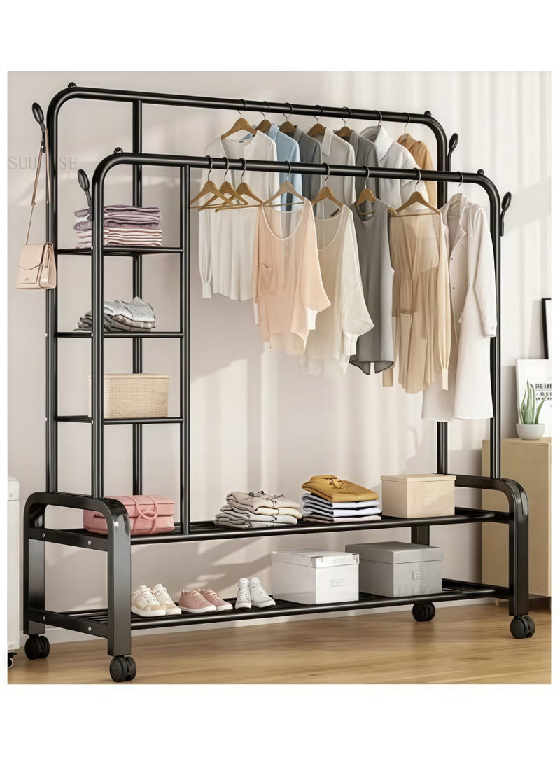 Shuer Metal Hanger Organizer And Black Hanger On Wheels 130x54x150 cm With Side Shelves - Image 1