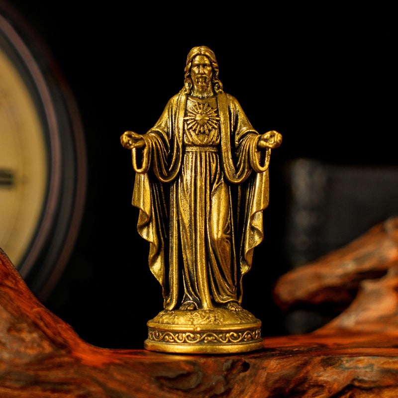 chovy تمثال السيد المسيح مصنوع من النحاس الصلب بنسبة 100% - منحوتة دينية بذراعين مستريحتين، قطعة ديكور مسيحية عتيقة قابلة للجمع للمنزل، طاولة المكتب، هدية تعميد، عيد الفصح، عيد الميلاد - Image 1