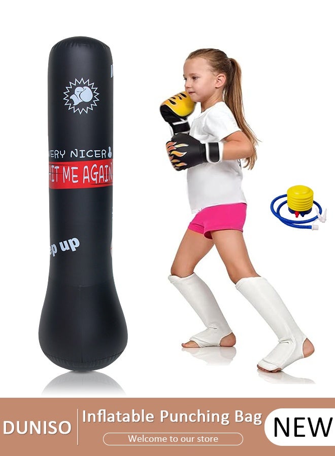 DUNISO عمود ملاكمة قابل للنفخ، 120 سم حقيبة ملاكمة للأطفال من PVC، حقيبة ملاكمة قابلة للنفخ لكراتيه، تايكوندو، ألعاب تدريب السرعة والتخلص من الضغط للأطفال والبالغين - Image 1