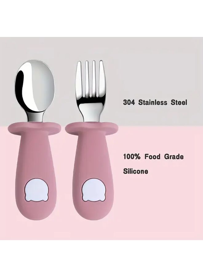 Customized Color 2 Piece Baby Toddler Silicone Stainless Steel Spoon And Fork Tableware Set Beige - Image 3