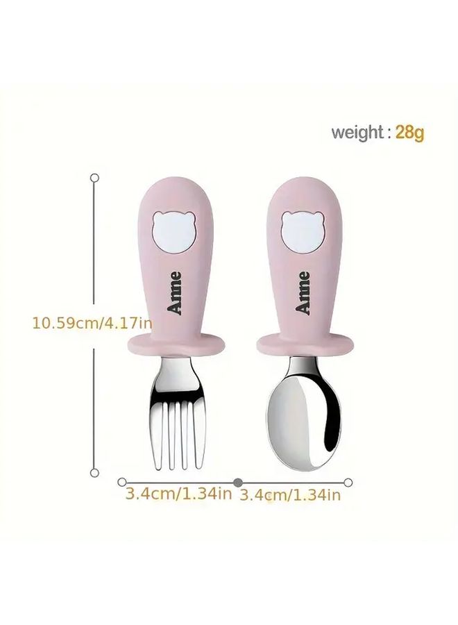 Customized Color 2 Piece Baby Toddler Silicone Stainless Steel Spoon And Fork Tableware Set Beige - Image 2
