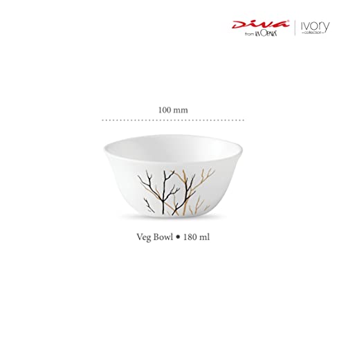 La Opala Diva Ivory Collection Opal Glass Crockery | Vegetable Bowl 180 ml Set of 6 | Golden Fall Design | for dal & Condiments | Microwave Safe | 100% Vegetarian | Extra Strong | Light & White - Image 2