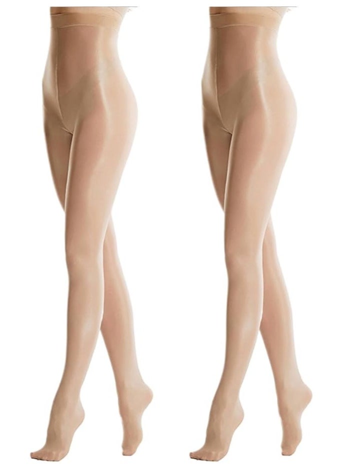 HI-FINE 2 Pairs Shaping Socks Oil Socks Shiny Silk Stockings Pantyhose Dance Tights Beige Suitable for 40-70kg - Image 1