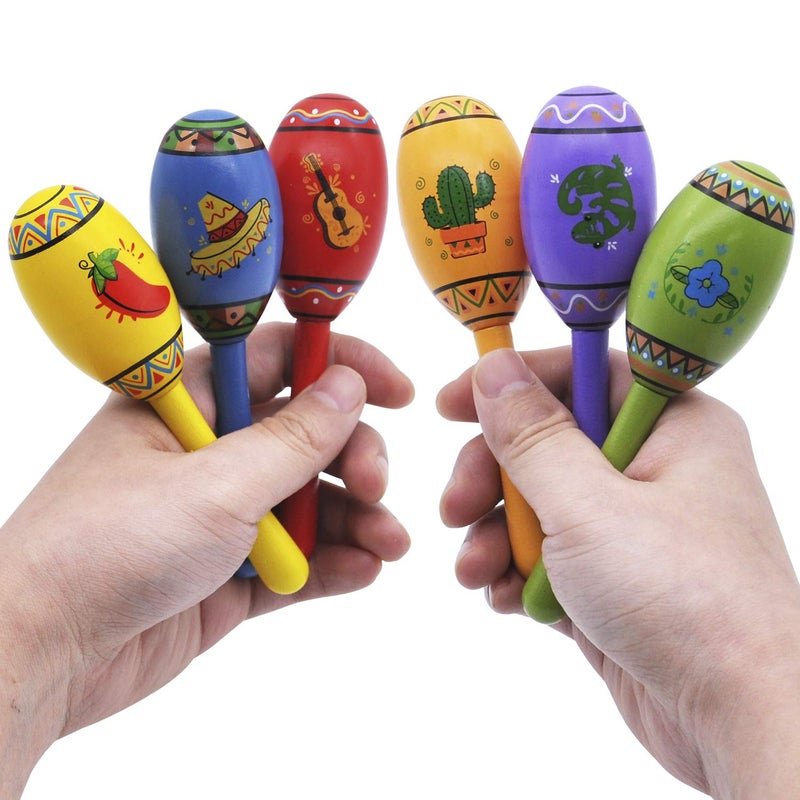 JOYIN 12 Mini Wooden Fiesta Maracas 6 Designs Noisemaker for Mexican Fiesta, Cinco De Mayo Party Favors, Musical Fun, Birthday Parties, Luau Party, Carnivals, Taco Tuesday Event - Image 5