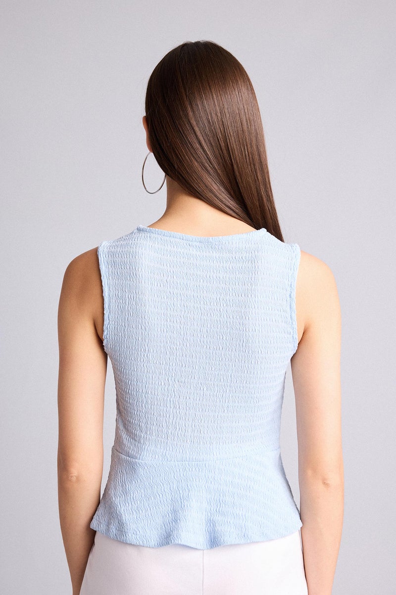 DeFacto Blue Woman Slim Fit Crew Neck Wrinkled Blouse Casual - Image 5