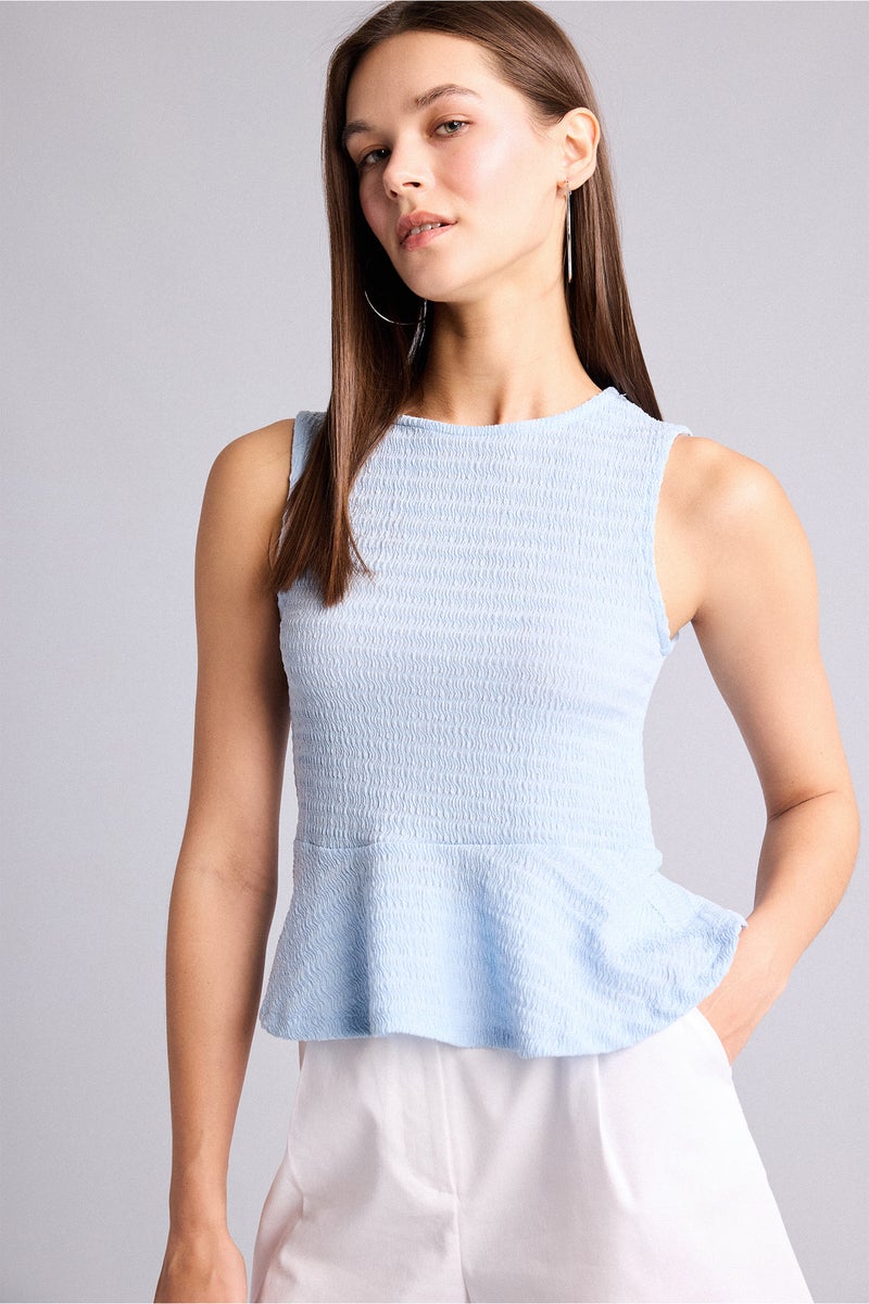 DeFacto Blue Woman Slim Fit Crew Neck Wrinkled Blouse Casual - Image 3