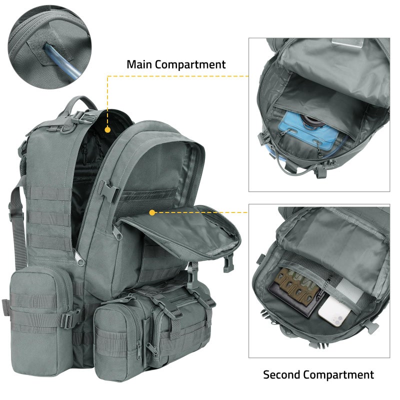 CVLIFE 60L Tactical Backpack for Men Women Military Large Army Rucksack With D-Ring Molle Clips Compass Accessories 3 Day Bug Out Survival Molle Bag Hiking Camping Gym Daypack Backpack, Grey - Image 4