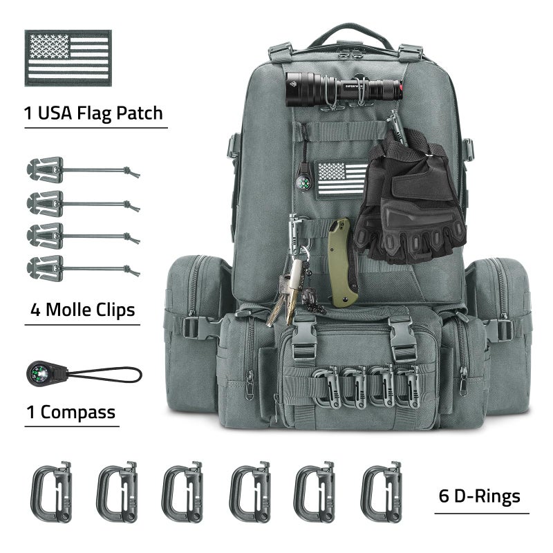 CVLIFE 60L Tactical Backpack for Men Women Military Large Army Rucksack With D-Ring Molle Clips Compass Accessories 3 Day Bug Out Survival Molle Bag Hiking Camping Gym Daypack Backpack, Grey - Image 2