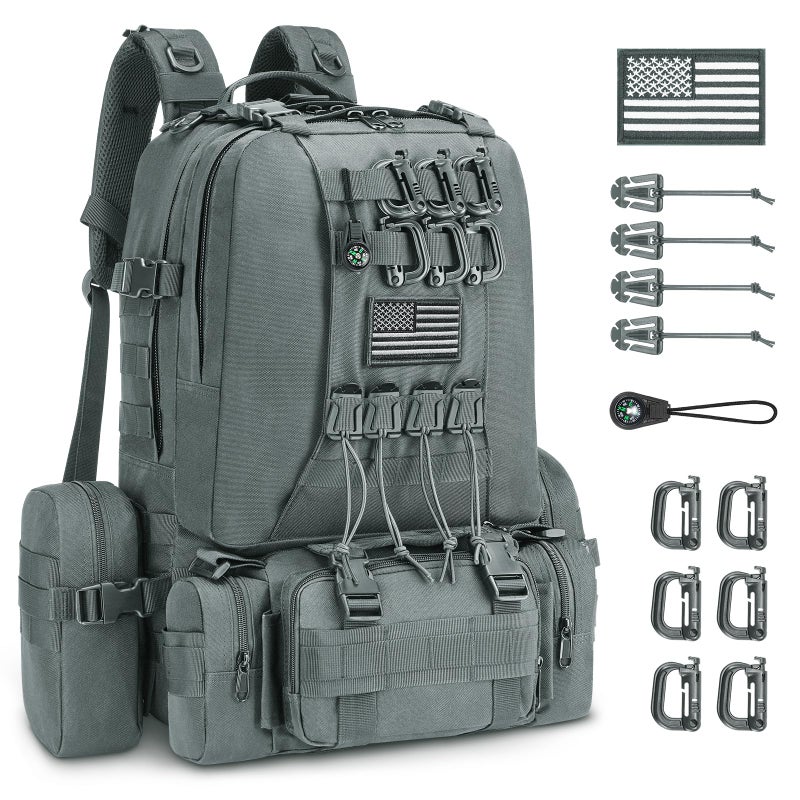 CVLIFE 60L Tactical Backpack for Men Women Military Large Army Rucksack With D-Ring Molle Clips Compass Accessories 3 Day Bug Out Survival Molle Bag Hiking Camping Gym Daypack Backpack, Grey - Image 1