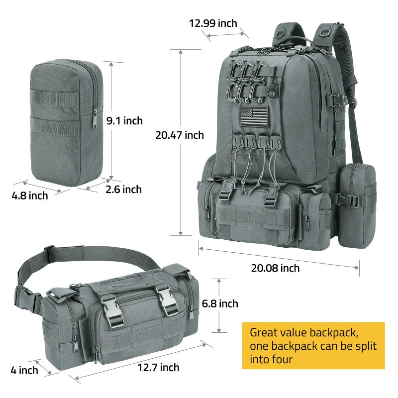 CVLIFE 60L Tactical Backpack for Men Women Military Large Army Rucksack With D-Ring Molle Clips Compass Accessories 3 Day Bug Out Survival Molle Bag Hiking Camping Gym Daypack Backpack, Grey - Image 3