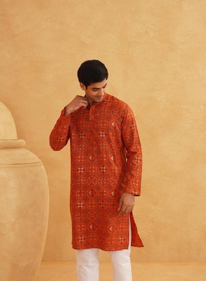 Sojanya (Since 1958 Men's Jacquard Silk Geometric ONLY Long Kurta, Orange, XL - Image 2