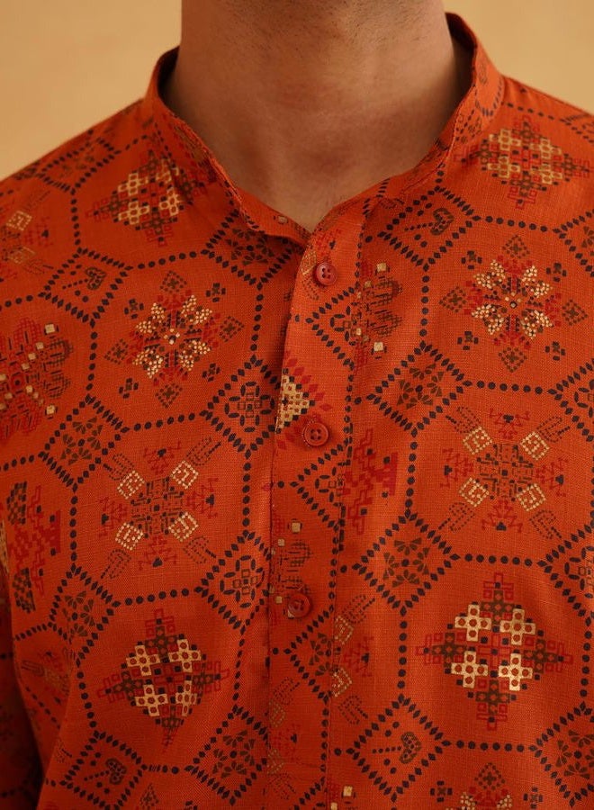 Sojanya (Since 1958 Men's Jacquard Silk Geometric ONLY Long Kurta, Orange, XL - Image 5