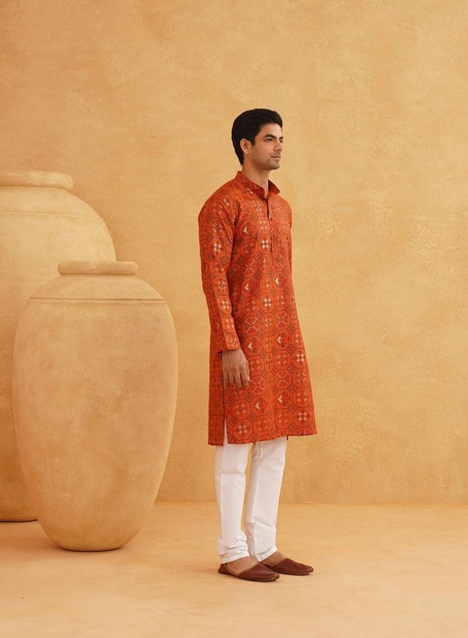 Sojanya (Since 1958 Men's Jacquard Silk Geometric ONLY Long Kurta, Orange, XL - Image 3