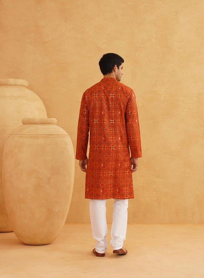 Sojanya (Since 1958 Men's Jacquard Silk Geometric ONLY Long Kurta, Orange, XL - Image 4