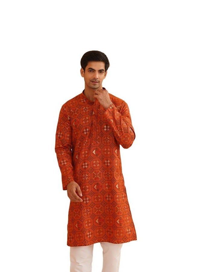 Sojanya (Since 1958 Men's Jacquard Silk Geometric ONLY Long Kurta, Orange, XL - Image 1