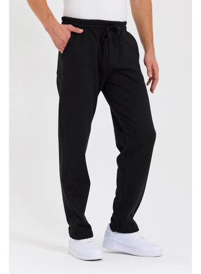 Mmetalic  Black Straight-Leg Men's Cotton-Lined Sweatpants with Back Pocket and Label Detail for Men | Best Price UAE