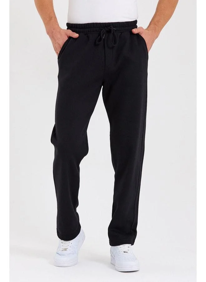 Black Straight-Leg Men's Cotton-Lined Sweatpants with Back Pocket and Label Detail