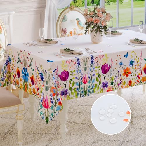 Softalker Spring Tablecloth Rectangle Easter Waterproof Floral Pattern Decorative Table Cloth Stain Resistant Wrinkle Free Wipeable Table Cover for Dinner Party Picnic Outdoor 60 x 84 Inch - Image 1