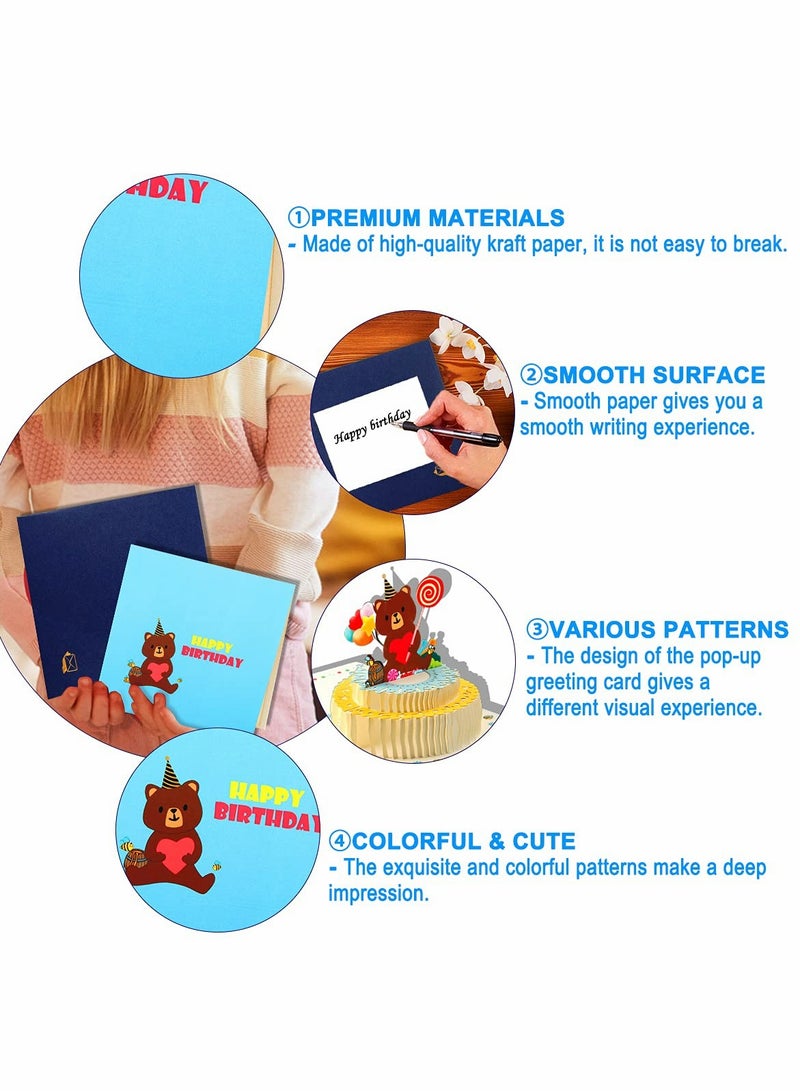 3D Birthday Cards, Folding Bear Cake Cartoon Cards for Kids, Greeting with Envelopes Suitable Family, Friends, Children, Lovers, Parents, Boys and Girls Birthdays - Image 3