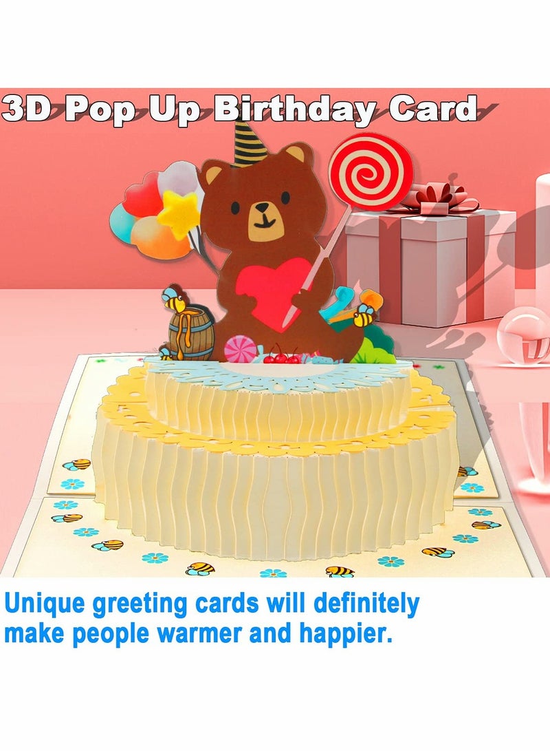 3D Birthday Cards, Folding Bear Cake Cartoon Cards for Kids, Greeting with Envelopes Suitable Family, Friends, Children, Lovers, Parents, Boys and Girls Birthdays - Image 4