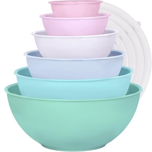 BoxedHome BPA Free Plastic Round Mixing Bowl with Lids, 12 Pack Nesting Bowls with Lids Set, Microwave and Dishwasher Safe Prep & Serving Bowls Great for Mixing, Baking, Serving (pinkish green, 12pcs) - Image 1