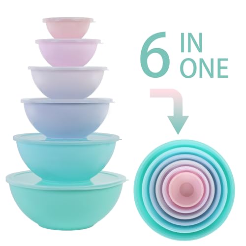 BoxedHome BPA Free Plastic Round Mixing Bowl with Lids, 12 Pack Nesting Bowls with Lids Set, Microwave and Dishwasher Safe Prep & Serving Bowls Great for Mixing, Baking, Serving (pinkish green, 12pcs) - Image 5